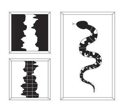 Decorative paintings in frames black and white 2D line cartoon objects set Stock Illustration