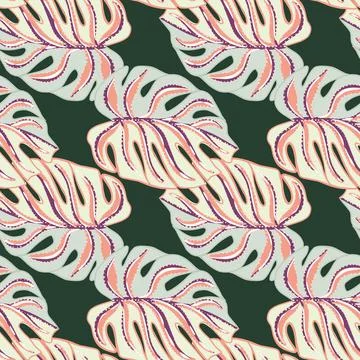 Decorative palm seamless pattern with pink doodle monstera leaf ornament. Gre Stock Illustration