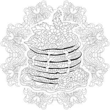 Decorative pancakes with raspberries pattern on a patterned round substrate Stockillustratie