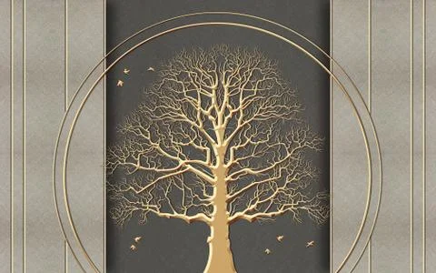 Decorative panel - a tree in a round and square frame on a gray background Stock Illustration