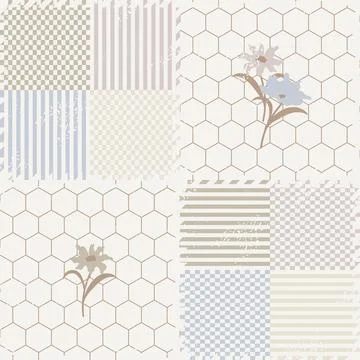 Decorative patchwork pattern cottagecore rustic style in light blue beige colors Stockillustratie
