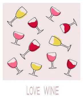 Decorative pattern featuring wine glasses with red liquid on a light background Stock Illustration