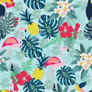 Decorative pattern with flamingo, pineapple, toucan and monstera leaves. Stock Illustration