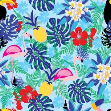 Decorative pattern with flamingo, pineapple, toucan and monstera leaves. Stock Illustration