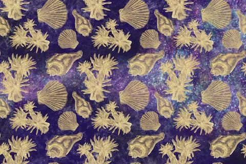Decorative pattern of gold-hatched illustrations of algae and shells on the M Stock Illustration