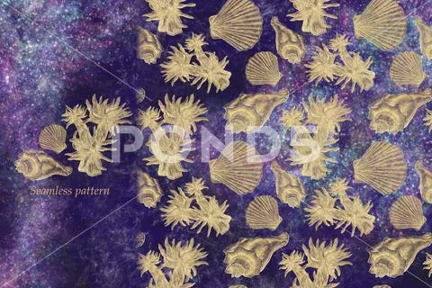 Decorative pattern of gold-hatched illustrations of algae and shells on the PSD Template