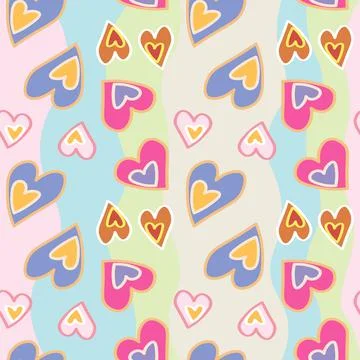 Decorative pattern with hand drawn hearts on colored stripes. Seamless vector Stock-Illustration