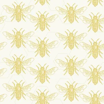 Decorative pattern with honeycombs and bee. Monochrome yellow insect on Stock Illustration