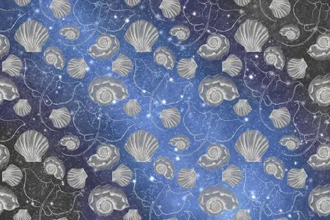 Decorative pattern of silvery luminous illustrations, sea rays and shells on Illustrazione stock