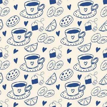 Decorative pattern with tea cup, cookies and lemons. Charming handcrafted d.. Stock Illustration