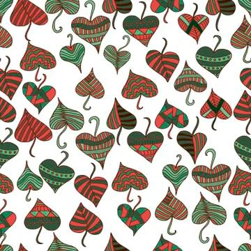 Decorative, patterned leaves, in a red green brown color, on a w Stock Illustration
