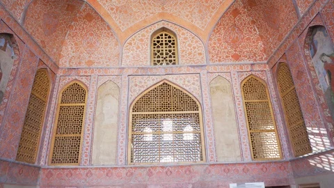 Decorative patterns and paintings at the Ali Qapu Palace, Iran Stock Footage 99970344