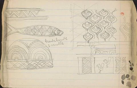 Decorative patterns, including with a fish and triangles. Loose leaf with ... Stock Photos