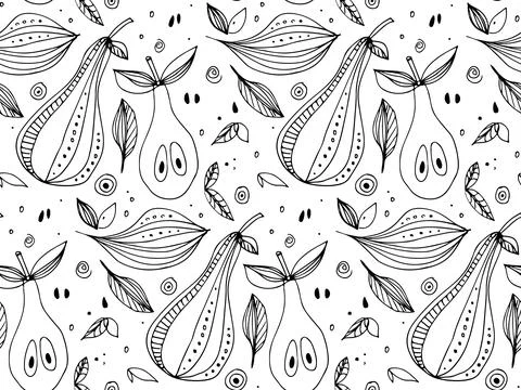 Decorative pears with leaf hand drawn doodle sketch seamless pattern. Linear Stock Illustration