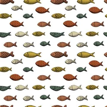 Decorative pencil drawn seamless pattern with fish Stock Illustration