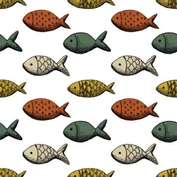 Decorative pencil drawn seamless pattern with fish Stock Illustration