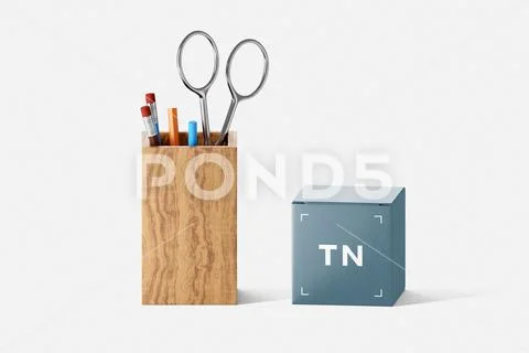 A decorative pencil holder near an editable box mockup PSD Template