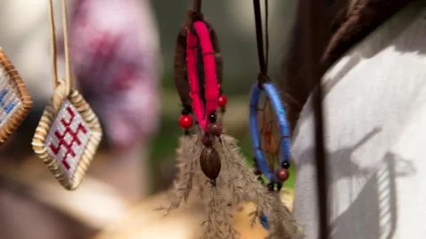 Decorative Pendants and Dream Catchers Swings in the Wind Stock Footage 257973553