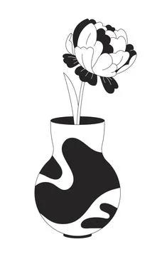 Decorative peony flower in patterned ceramic vase 2D line object Stock Illustration