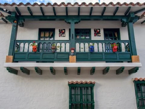 Decorative plastic pots made from plastic bottles in a colonial balcony of a  Foto stock