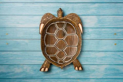 Decorative plate in the shape of a turtle on blue wooden background. Flat lay Stock Photos