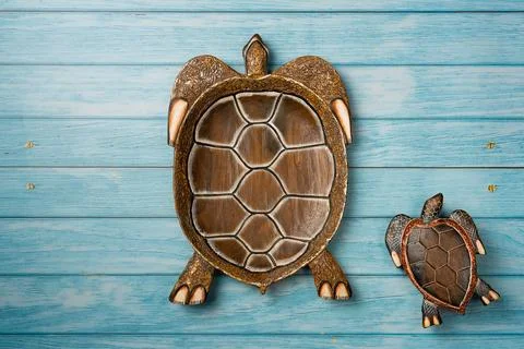 Decorative plate in the shape of a turtle on blue wooden background. Flat lay Stock Photos