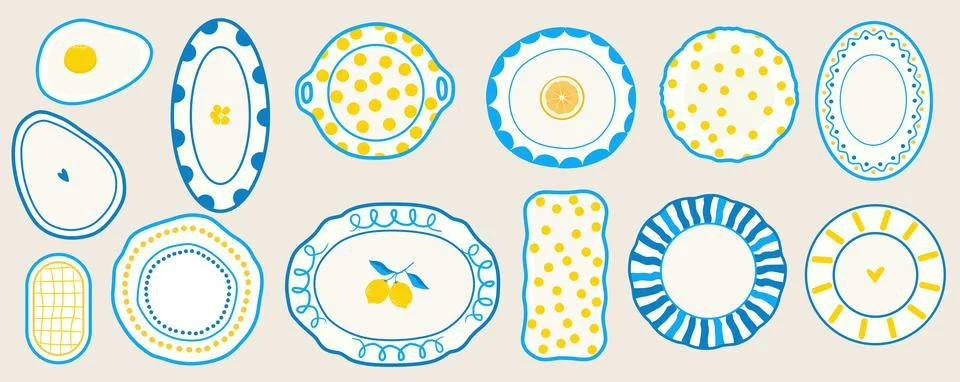 Decorative plates set, minimalist tableware with patterns, illustration Stock Illustration