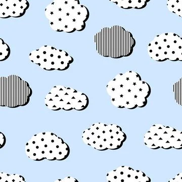 Decorative pop art clouds texture. Vector seamless pattern white cloud decorated Stock Illustration
