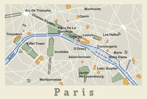Decorative poster map of central Paris. Vector Stock Illustration