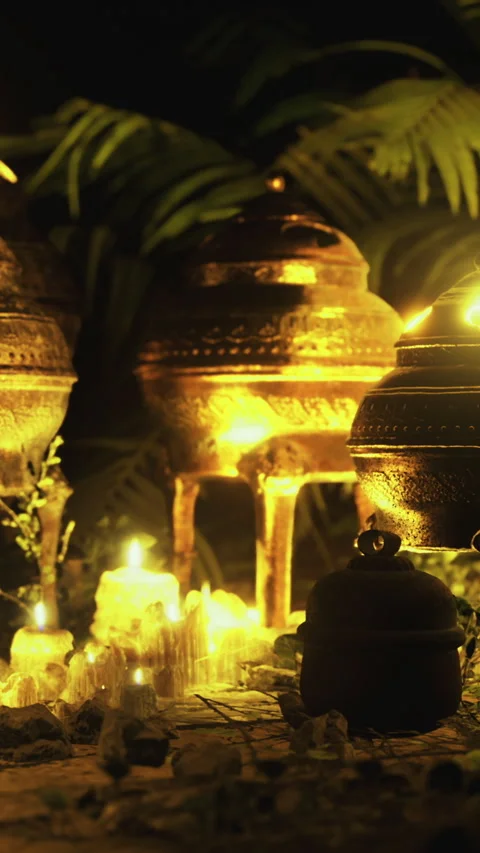 Decorative pots and candles in a dimly lit garden setting at night Stock Footage 335968133