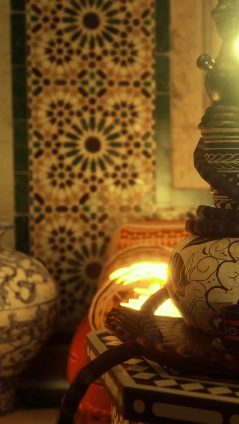 Decorative pottery and light create a warm atmosphere in a Moroccan setting Stock Footage 331761135