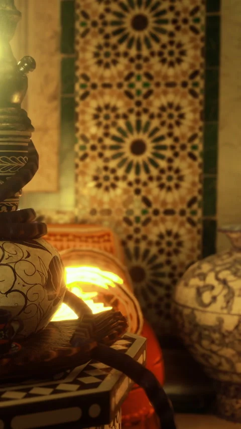 Decorative pottery and tile patterns in a warm setting with soft light 库存影片 331768195