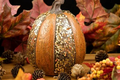 Decorative Pumpkin Set On Table Stock Photos