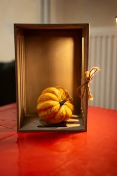 Decorative pumpkins on a kitchen table in a rural home Stock Photos