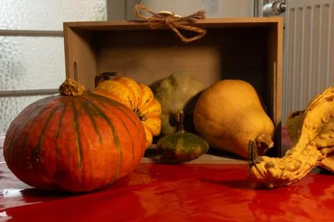 Decorative pumpkins on a kitchen table in a rural home Stock Photos