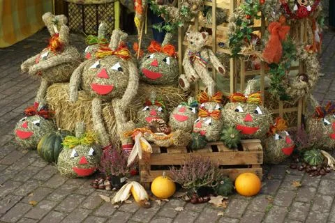 Decorative Pumpkins with Smiling Faces Stock Photos
