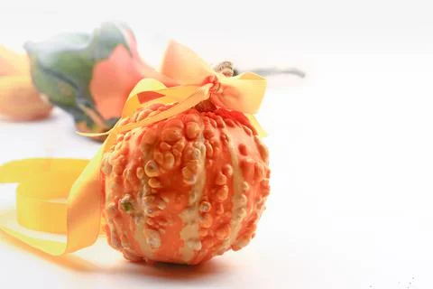 Decorative pumpkins on a white background. Soft selective focus. Autumn Stock Photos