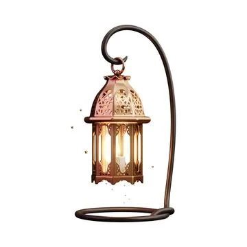 Decorative Ramadan lantern with glowing light and floating golden stars on .. Illustrazione stock