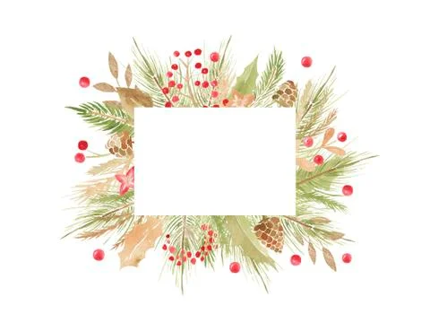 Decorative rectangular frame Christmas elements, branches, leaves, berries 스톡 일러스트