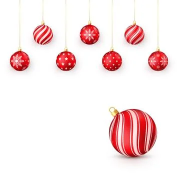 Decorative red Christmas balls set. Vector illustration isolated on white bac Stock Illustration