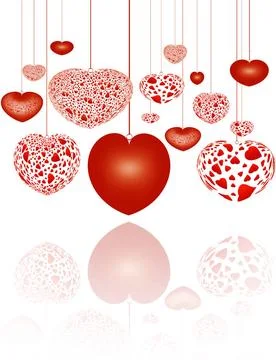 Decorative red hearts on strings decorative red hearts on strings over whi... Foto stock