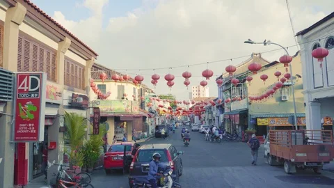 Decorative Red Lanterns Hanging Over The Street In Georgetown, Penang With Stock Footage 127361920