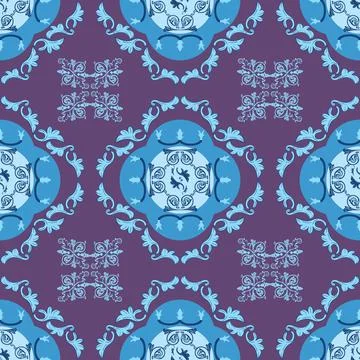 Decorative repeating pattern with blue ornaments on purple background Stock Illustration