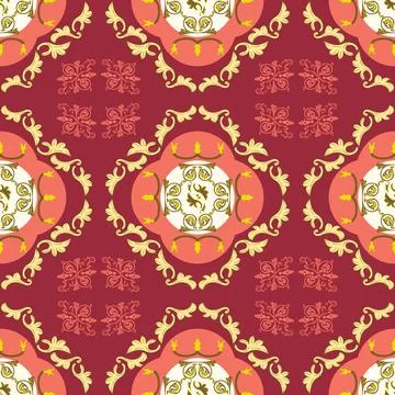 Decorative repeating pattern with bright ornaments with claret background Stock Illustration