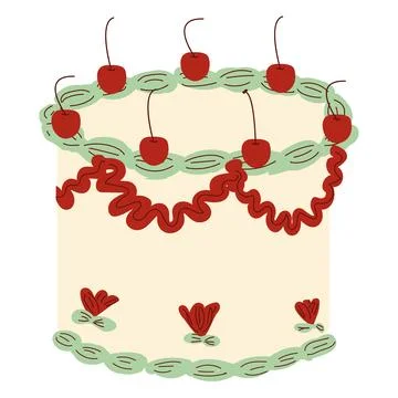 Decorative retro cake with cherries and creamy ornaments. Stock Illustration