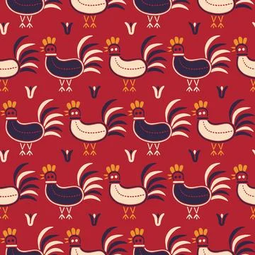 Decorative rooster seamless vector pattern Stock Illustration