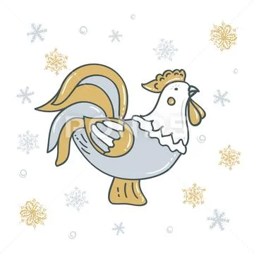 Decorative rooster with snowflakes in gold - silver tones Stock Illustration