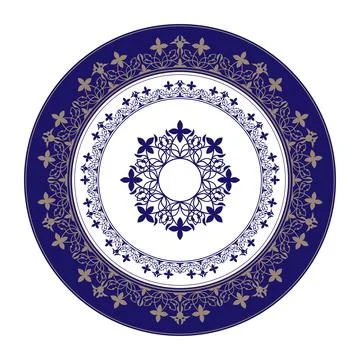 Decorative round frame arabesque. Blue gold plate with lace design.  Illustrazione stock
