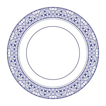 Decorative round frame with arabesques. Blue white plate with lace design.  Stock Illustration