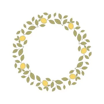 Decorative round frame made of lemons and green leaves on a white backgroun.. Stock Illustration